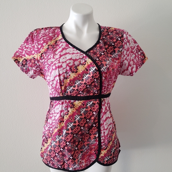 Los Angeles Rose Tops - Los Angeles Rose Womens Scrub Top Size Medium Floral Nurse Pink Brown